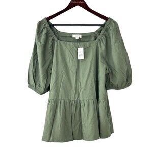 New Loft Army Green Size XL Boho Top Short Sleeve Babydoll Blouse Square Neck U4